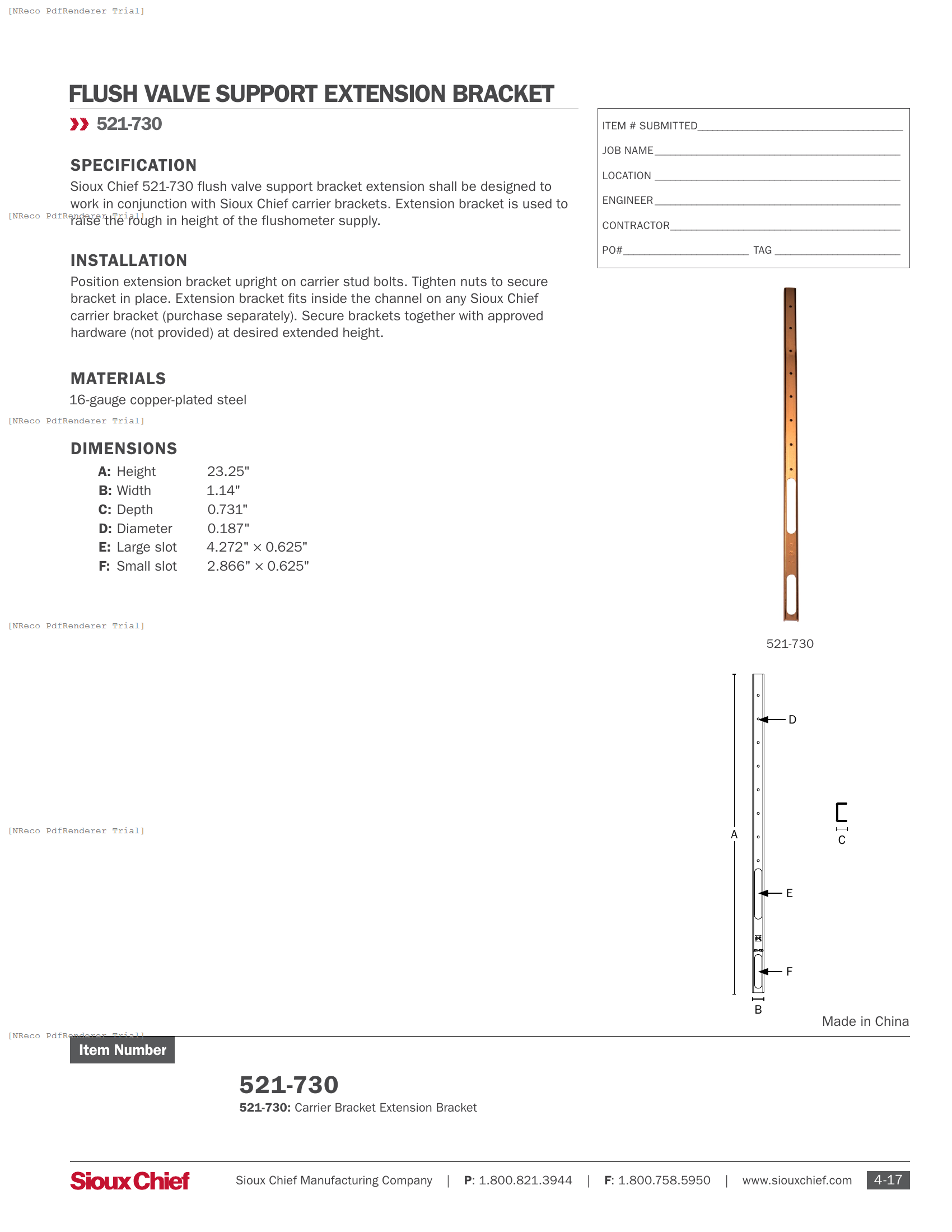521-730 - CARRIER BRACKET EXTENSION - SPEC SHEET.PDF Specification Document